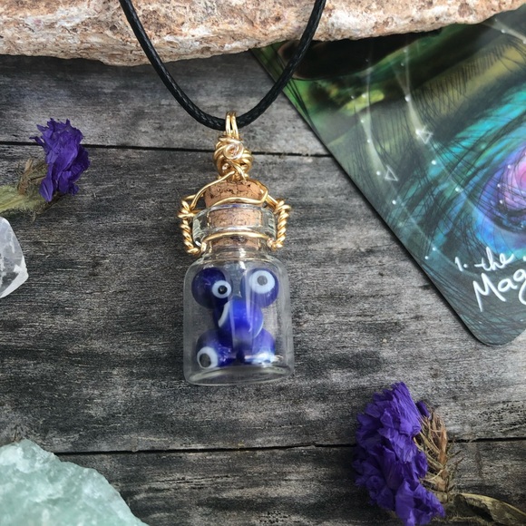 Evil Eye Protection Bottle Necklace Wire Wrapped - in Gold Wire - Picture 7 of 13